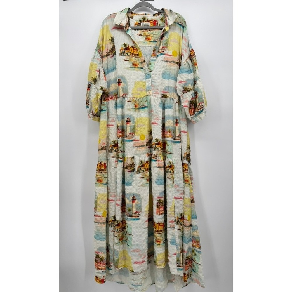 Celandine Tropical Coastal Lighthouse Print Tiered Maxi Dress 2X Women Multi